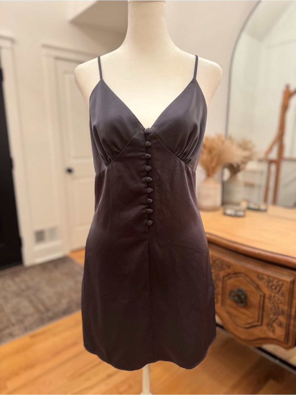NWOT 🆕 Anthropologie “Mare Mare” Satin Slip Mini Dress • Deep Gray • Medium - Picture 5 of 13